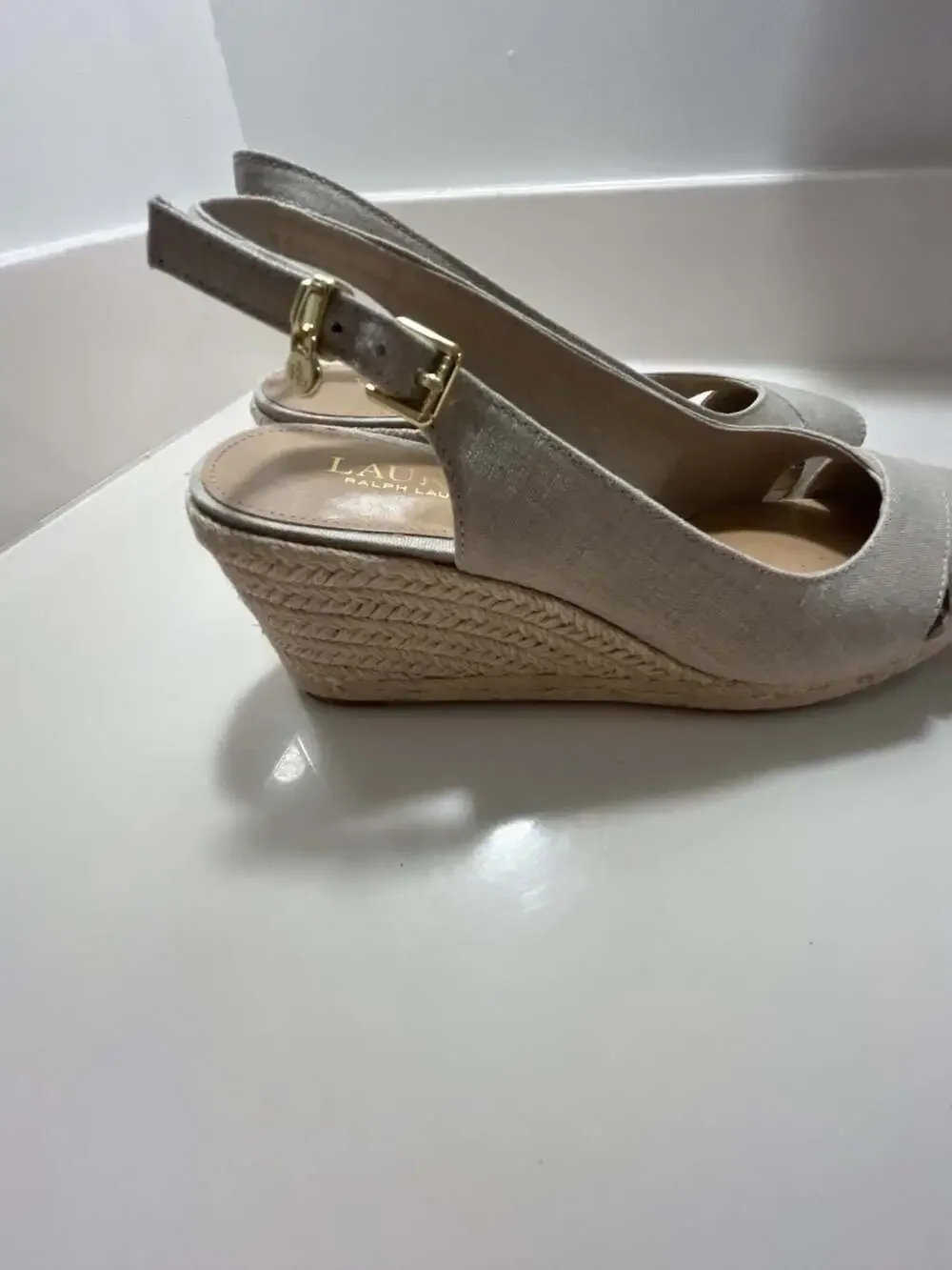 Lauren Ralph Lauren Beige Linen Slingback Wedge Espadrille Sandals